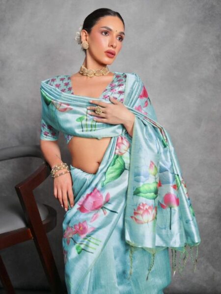 Soft Tussar Silk with Beautiful Lotus Print